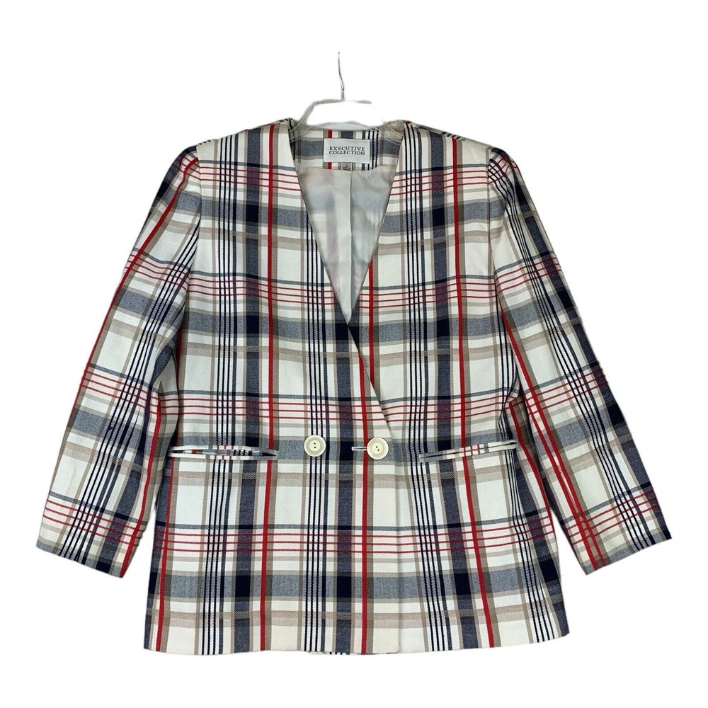 Vintage Jacket Womens 10 Plaid Tailored Classic Preppy Americana Red Navy Cream